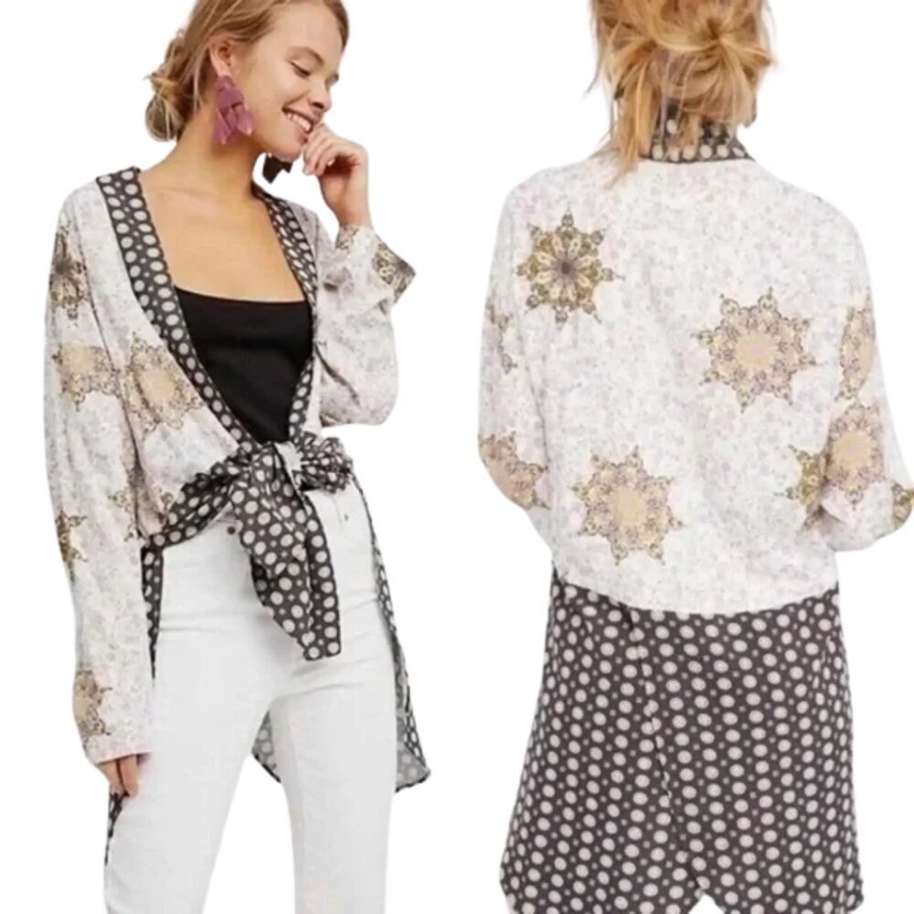 Free People Forget Me Not Mixed-Print Kimono Cardigan Women's Small Boho Indie